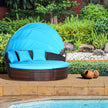 Outsunny 4 Pieces Outdoor Daybed with Retractable Canopy, PE Rattan Wicker Round Sofa Day Bed, Patio Sectional Conversation Furniture Set with Cushions and Pillows, Light Blue