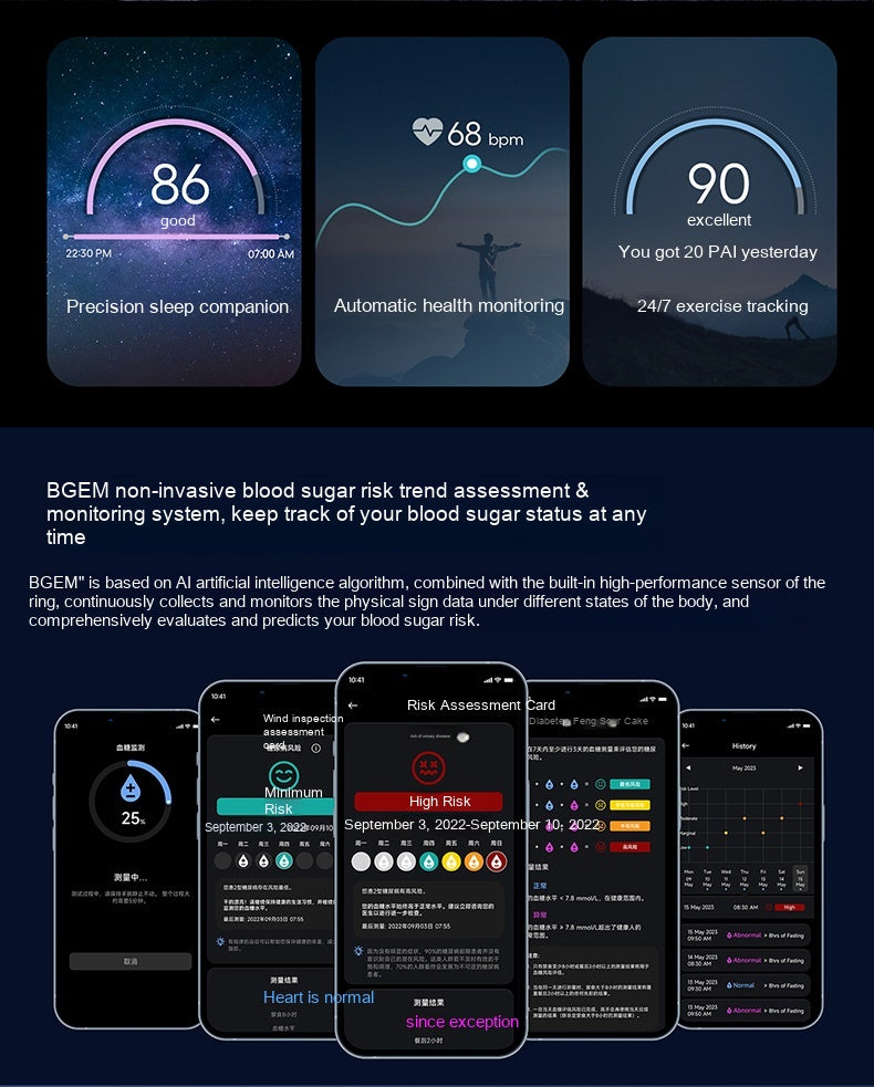 Smart Ring – Blood Sugar Testing, Sleep & Health Monitoring | Obsidian Black, Space Silver, Rose Gold
