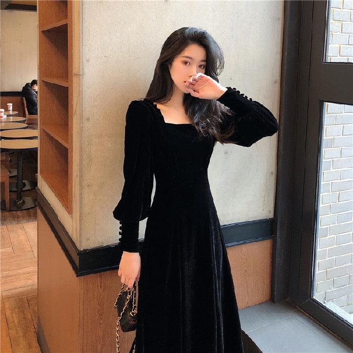 Women's Square Neck Solid Velvet Dress