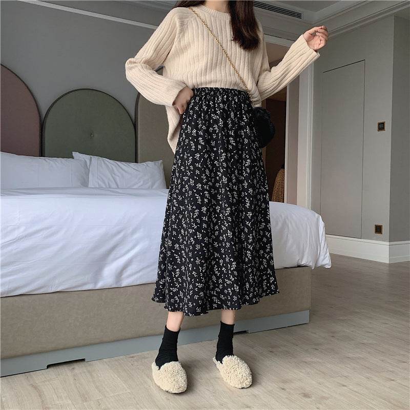 Casual Floral New Fresh High Waist Slimming Korean-style Midi A- Line Skirt