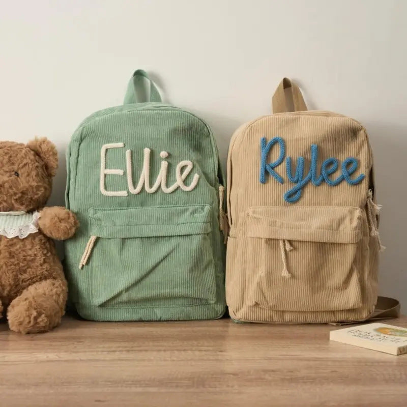 Personalised Children's School Bag – Cartoon Name Backpack (Beige, Blue, Green, Pink)