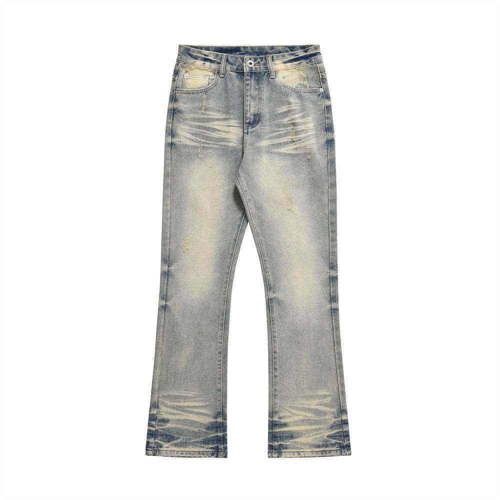Distressed Scratches Denim Straight-leg Pants Men Jeans