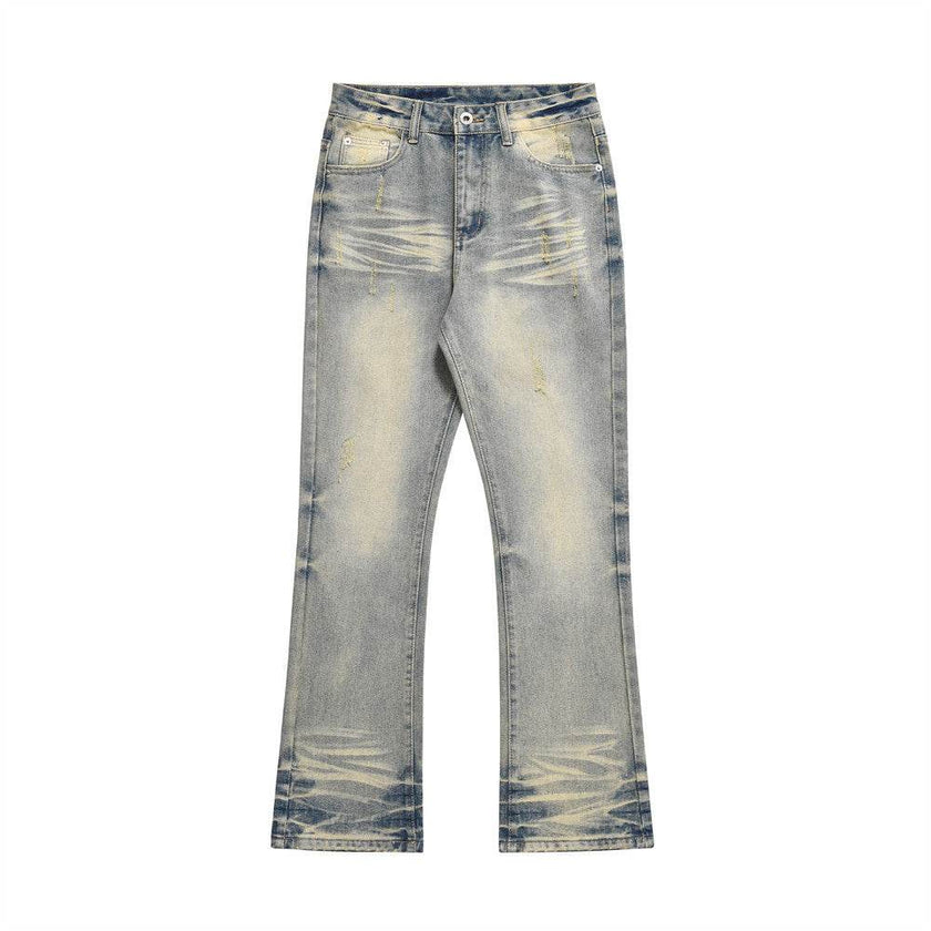 Distressed Scratches Denim Straight-leg Pants Men Jeans