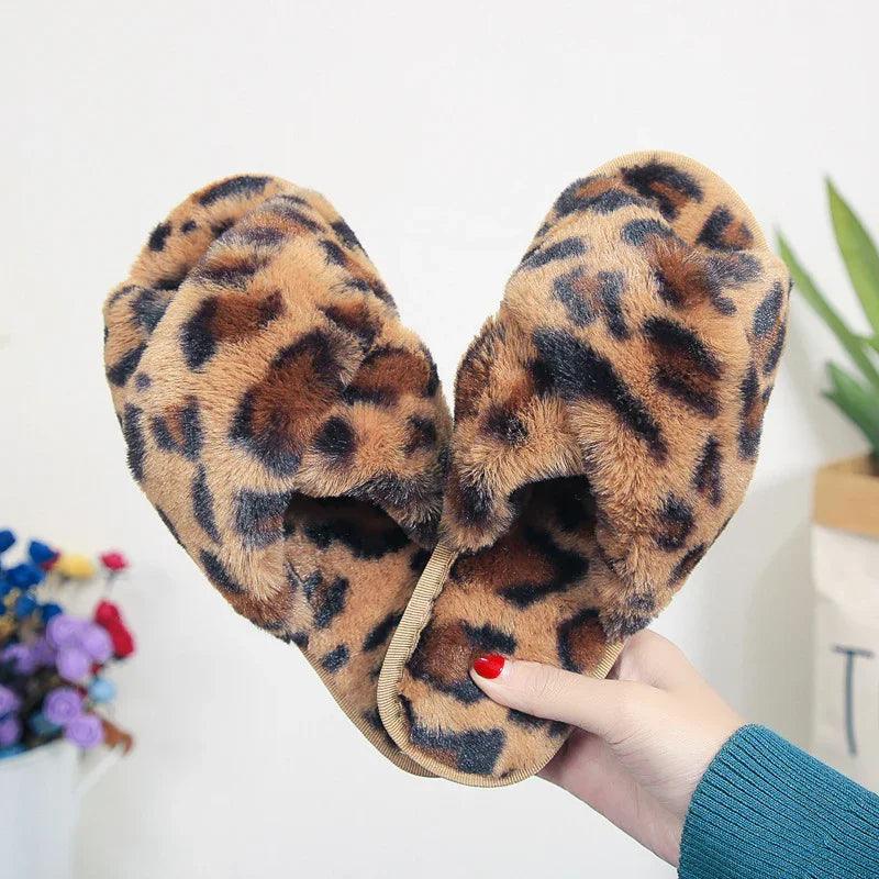 Cross-strap Fuzzy Slippers Leopard Plush House Shoes Flat Bedroom Slippers Slippers For Women