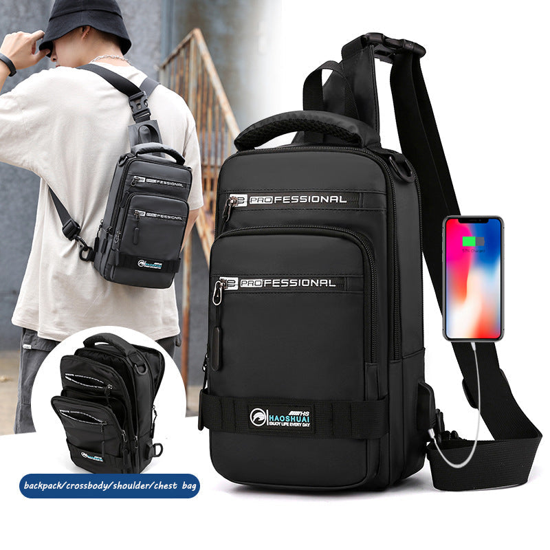 Men's Multifunction Nylon Backpack Crossbody Shoulder Bag with USB Charging Port