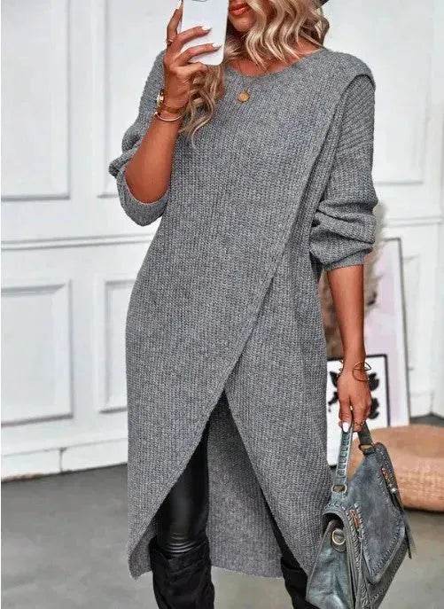 Front Split Winter Sweater Mini Tunic Dress