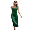 Women's Breasted Satin silk V-neck Spaghetti strap Backless Midi Dress cocktail split dress