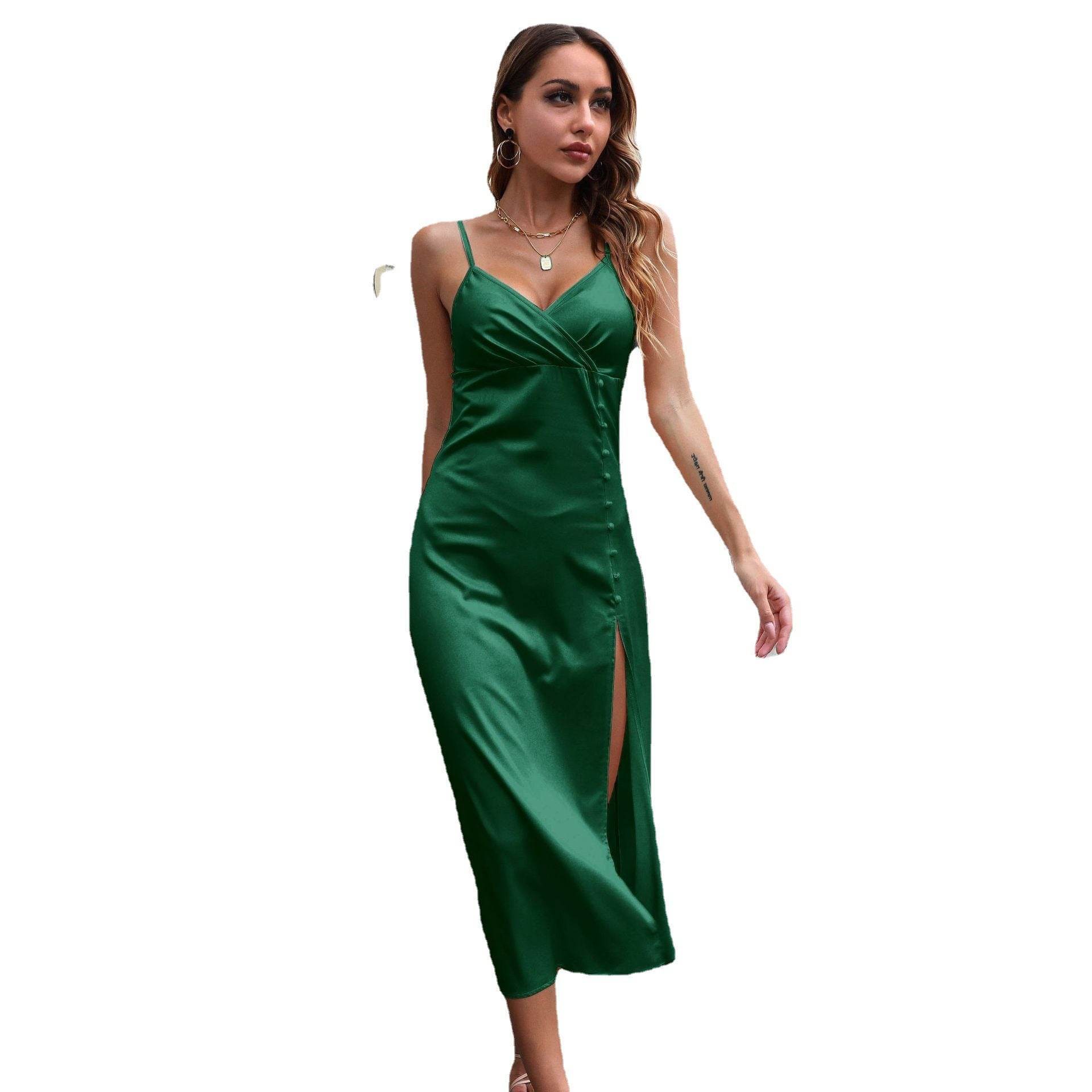 Women's Breasted Satin silk V-neck Spaghetti strap Backless Midi Dress cocktail split dress