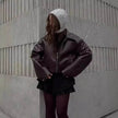 Fashioned Oversized zipper Lapel Leather coat jacket for women