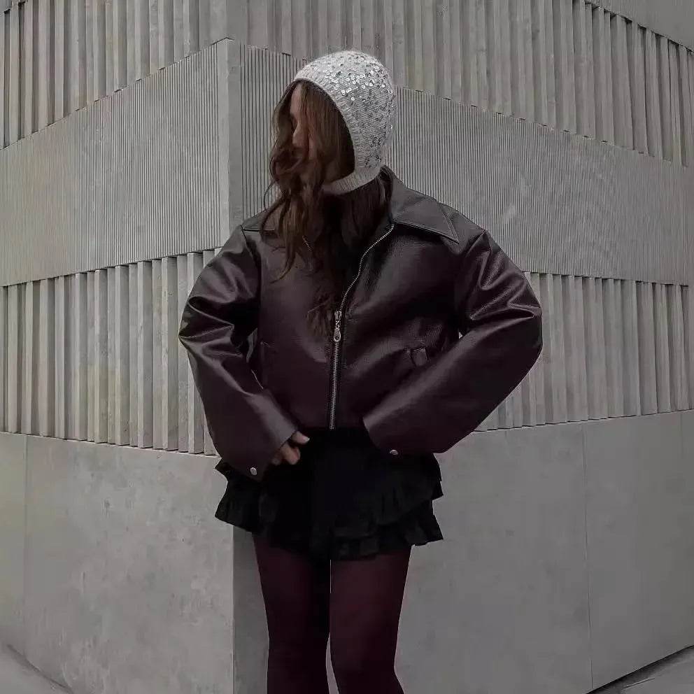 Fashioned Oversized zipper Lapel Leather coat jacket for women