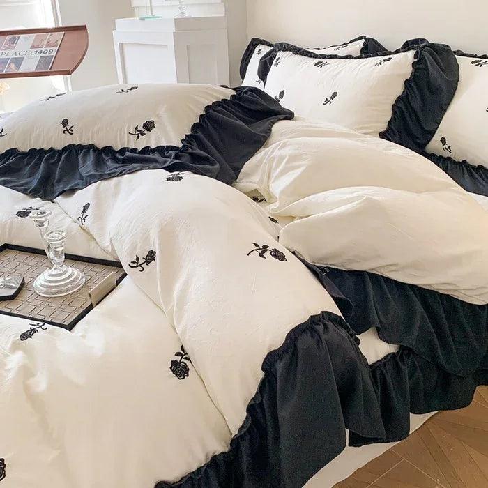 Embroidered Wide Edge Floral Washed Cotton Four-piece Duvet Cover Bedding Set