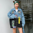 Denim Loose Jacket Women Stylish Graffiti Patch Design