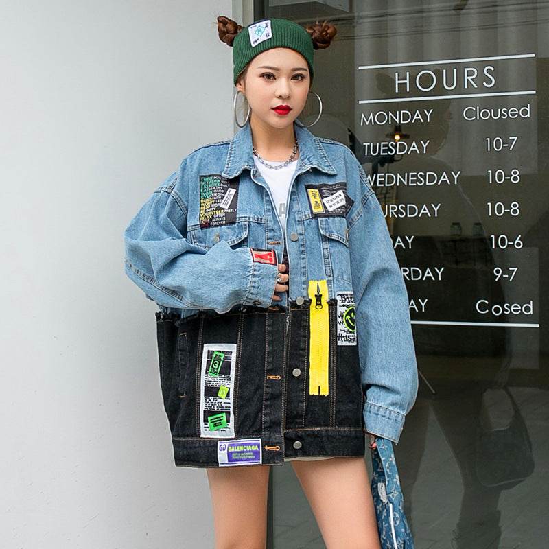 Denim Loose Jacket Women Stylish Graffiti Patch Design