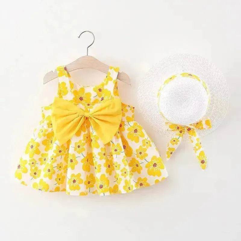 Baby Girl Floral Princess Dress with Matching Hat – Cotton Suspender Sundress for Toddlers