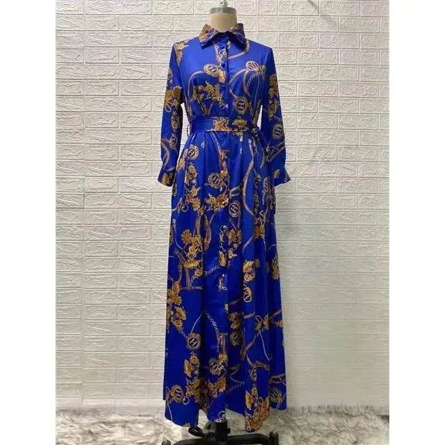 Dubai Long Dress Middle East Autumn Chain Print Swing Dress Turkish  Floral Long Sleeve dress