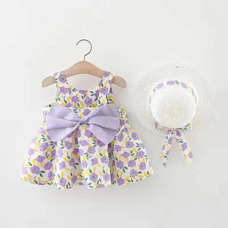 Baby Girl Floral Princess Dress with Matching Hat – Cotton Suspender Sundress for Toddlers