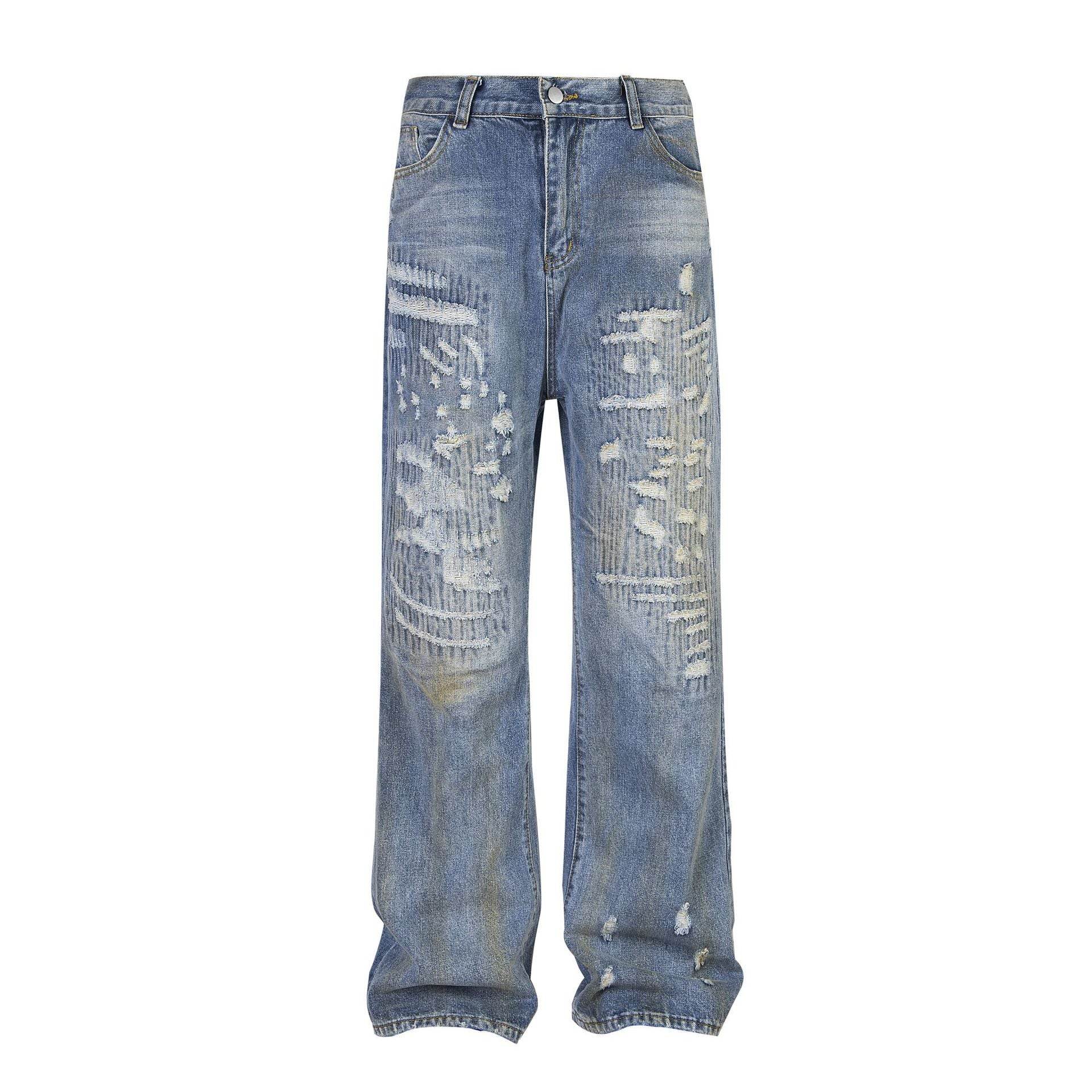 Punk Make Old Ripped Letter Denim Trousers Men Jeans