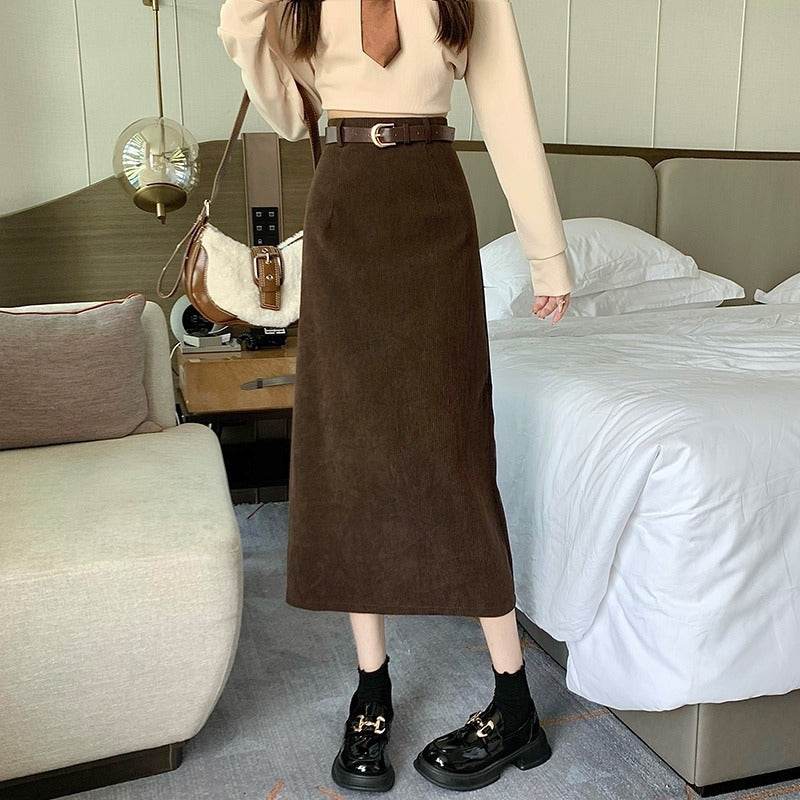 French-style Back slit High waist Midi Corduroy pencil Skirt for women