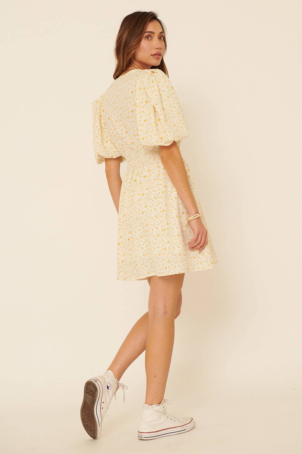 Floral V Neck Tie Puff Sleeve Smock Mini Dress