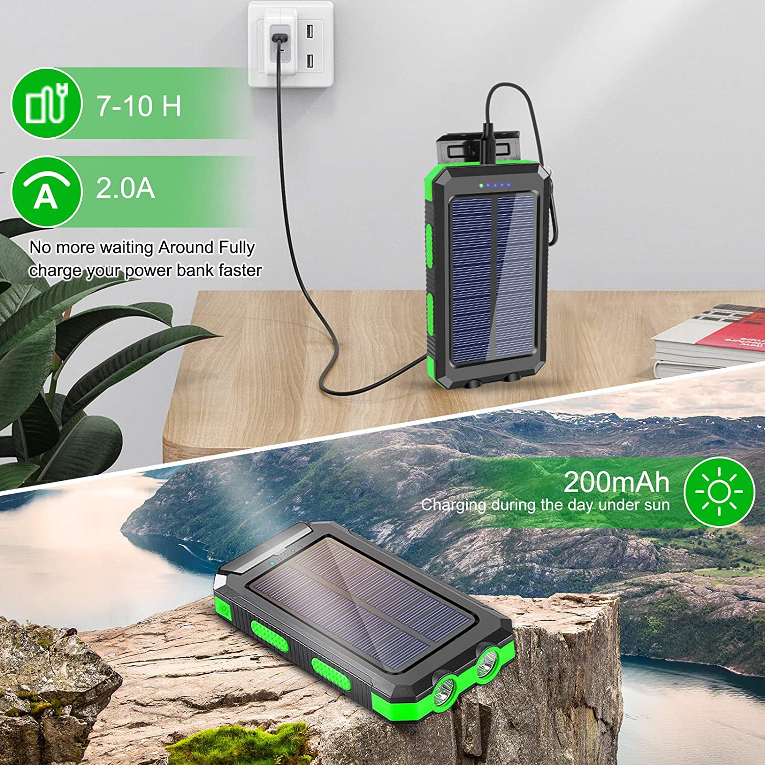 Solar Power Bank 10000mAh – Waterproof, LED Flashlight, SOS, Compass & Carabiner