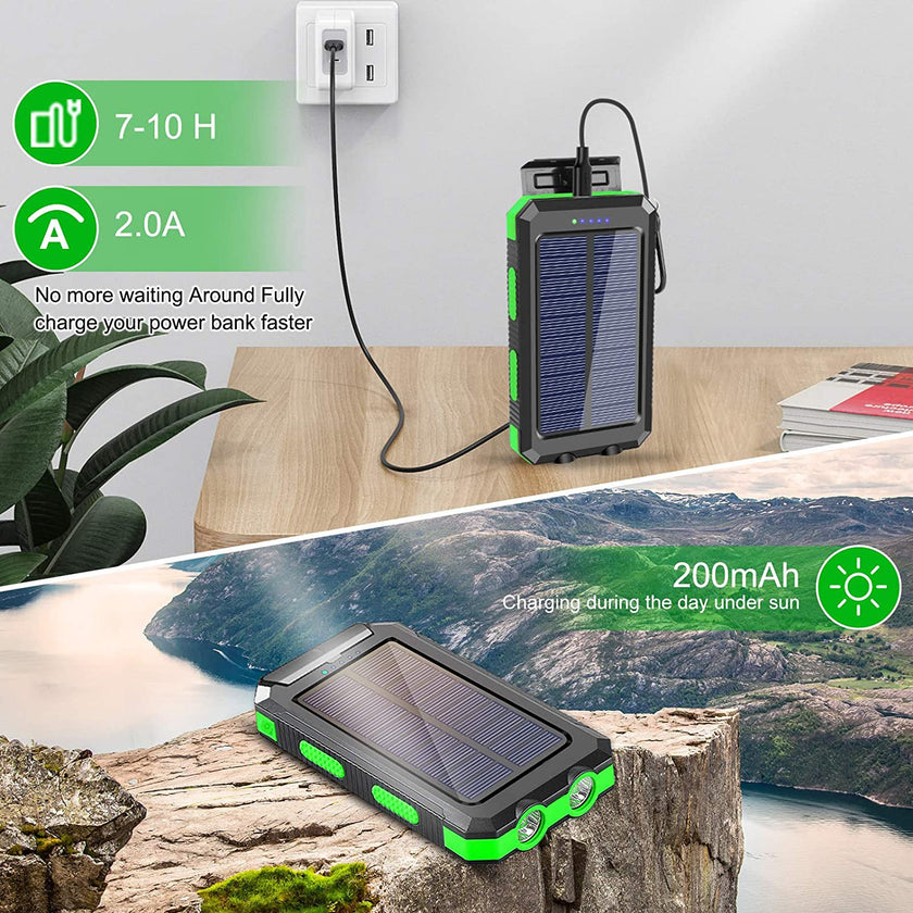 Solar Power Bank 10000mAh – Waterproof, LED Flashlight, SOS, Compass & Carabiner