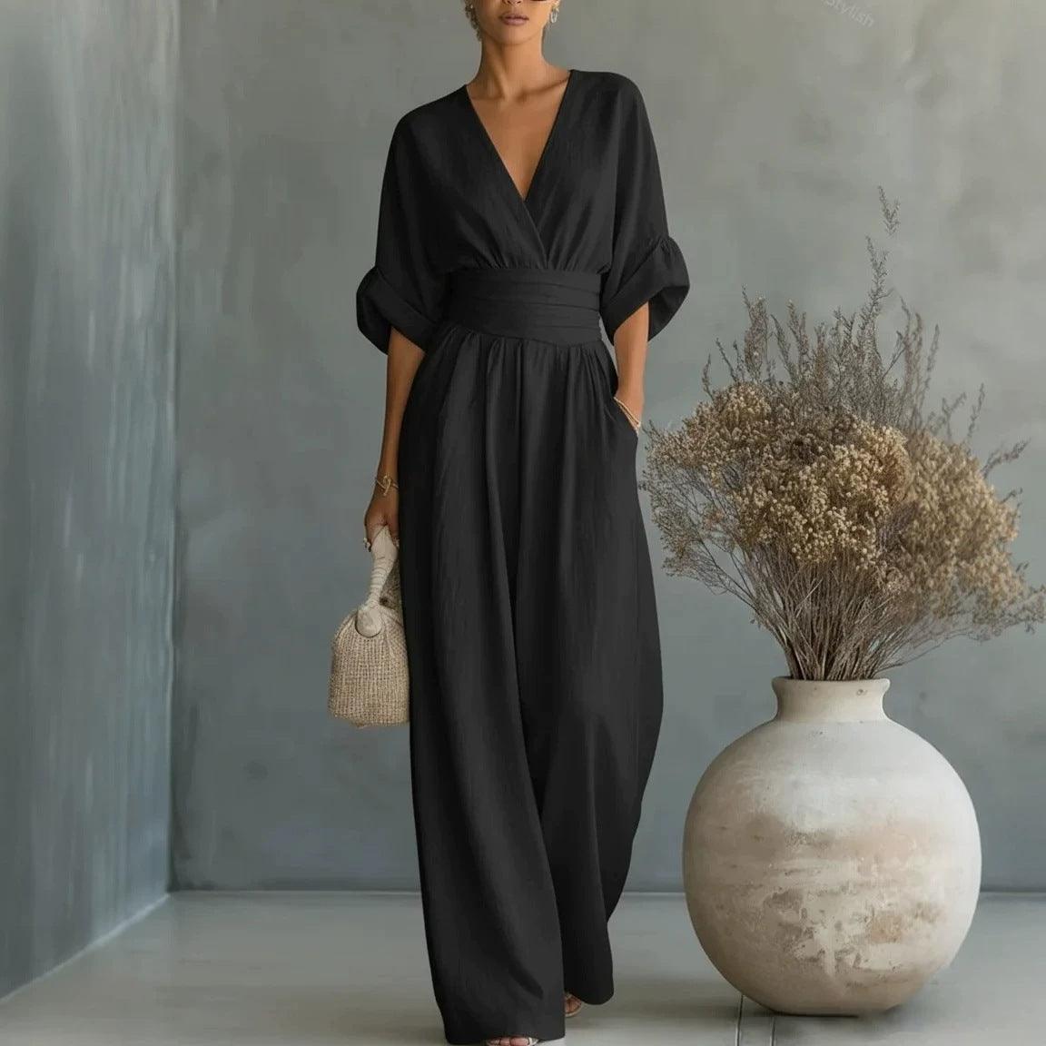 Women's Wide-Leg Jumpsuit High Waist Pleated Three-Quarter Sleeve Elegant Workwear
