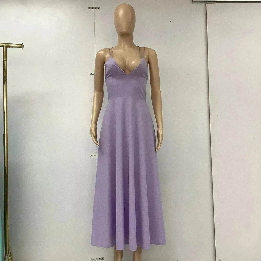 Charming V-neck Suspender Dress Summer Fashion A-Line Long Dresses For Women Sleeveless Skater Dress for Wedding cocktail evening  dinner party events