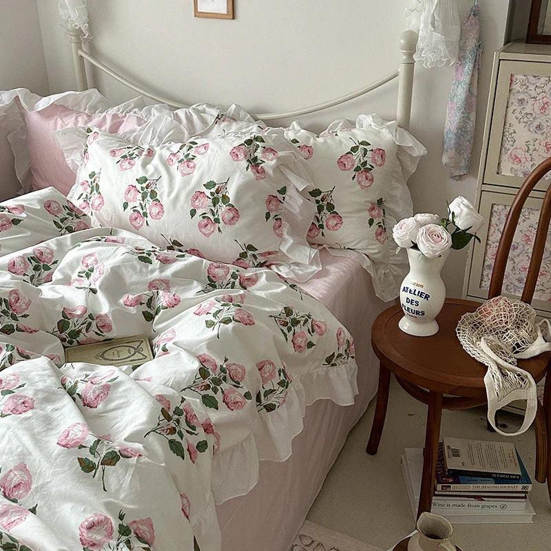 Princess Style Ruffled Pure Cotton Floral Duvet Cover Bedding Set