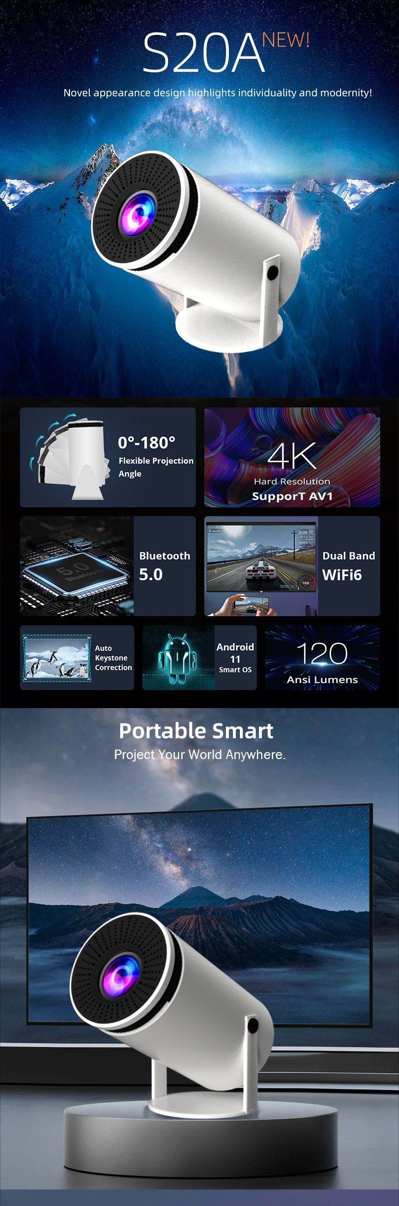 Mini Smart Projector – Portable 4K WiFi6 Design for Home Theater & Outdoor Movies