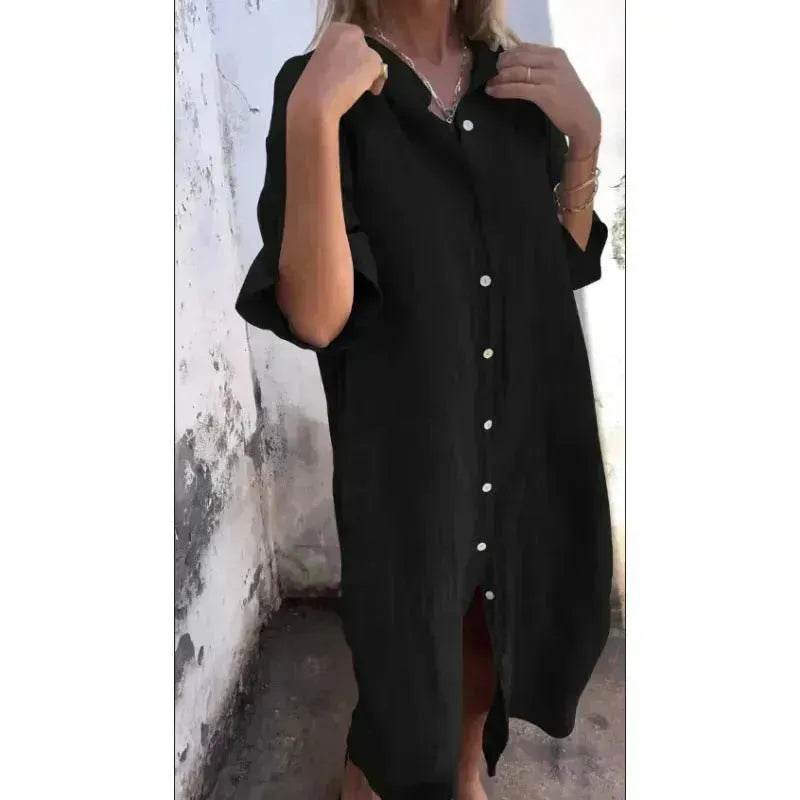 Women's Cotton Linen Shirt Dress – Loose Casual Button-Down A-Line Dress