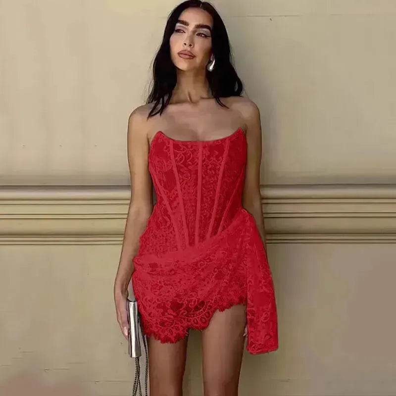 Strapless Lace Tube Top Corset Dress Party Women Fashion And Charming Slim fit Mini Dress  for Evening Party Cocktail.