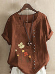 Women's Casual Printed Cotton Linen Short Sleeve Blouse Top