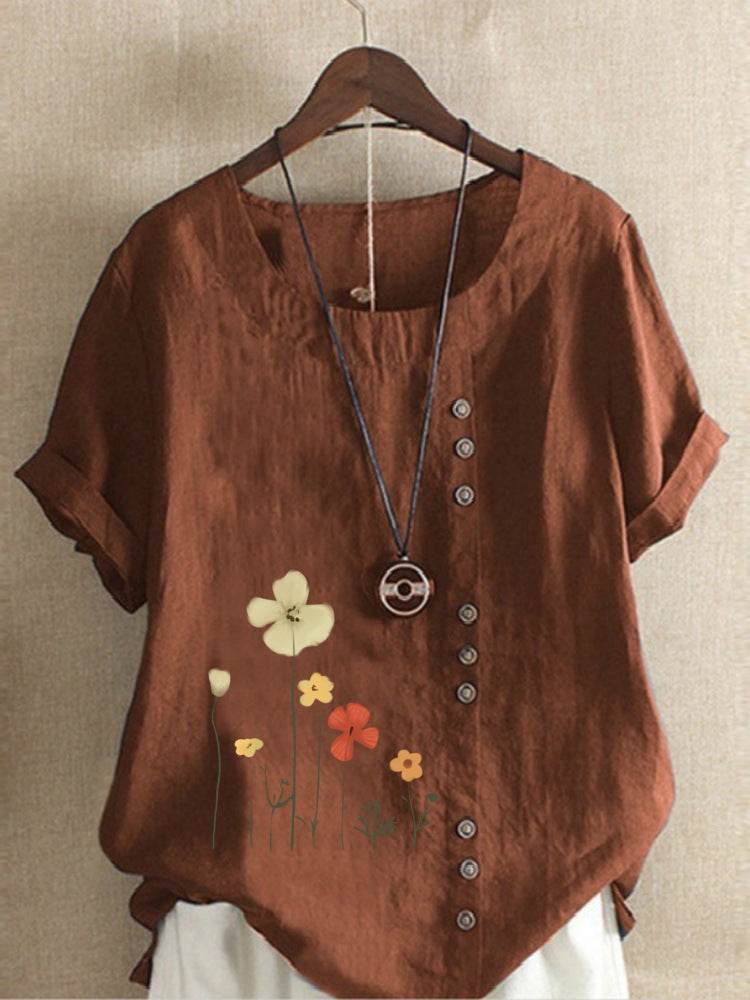 Women's Casual Printed Cotton Linen Short Sleeve Blouse Top