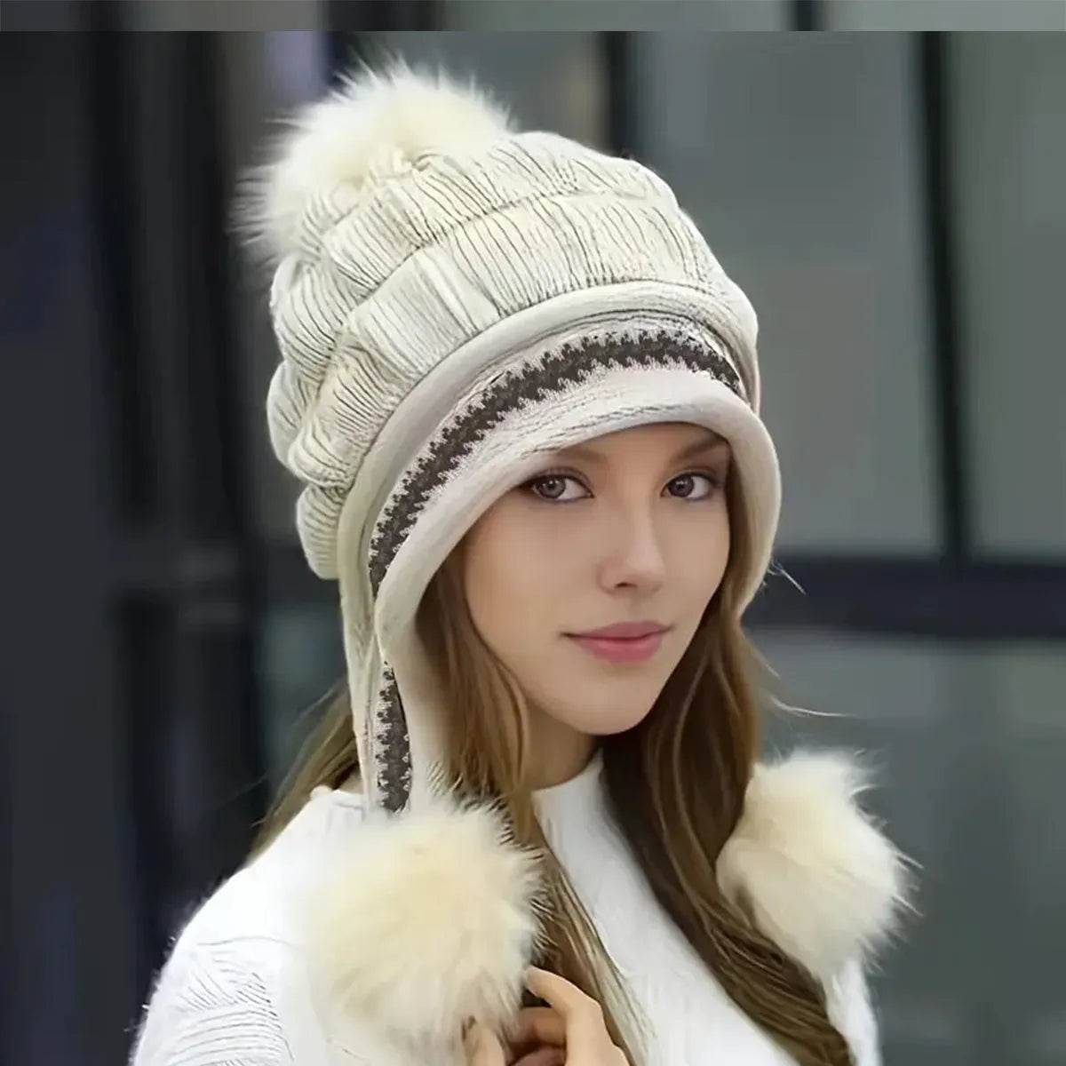 Women Cozy Knit Fleece-Feel Beanie With Ear Flaps Winter Hat Perfect For Skiing & Outdoor Activities
