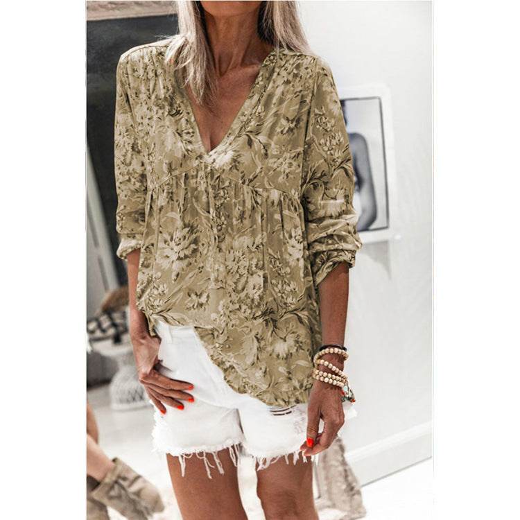 Women Casual Spring Summer New Style Blouse top Printing V-Neck Long-Sleeved