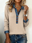 Denim Collar Long Sleeve Patchwork Knit Pullover Top – 16 Colours, S–XXXL