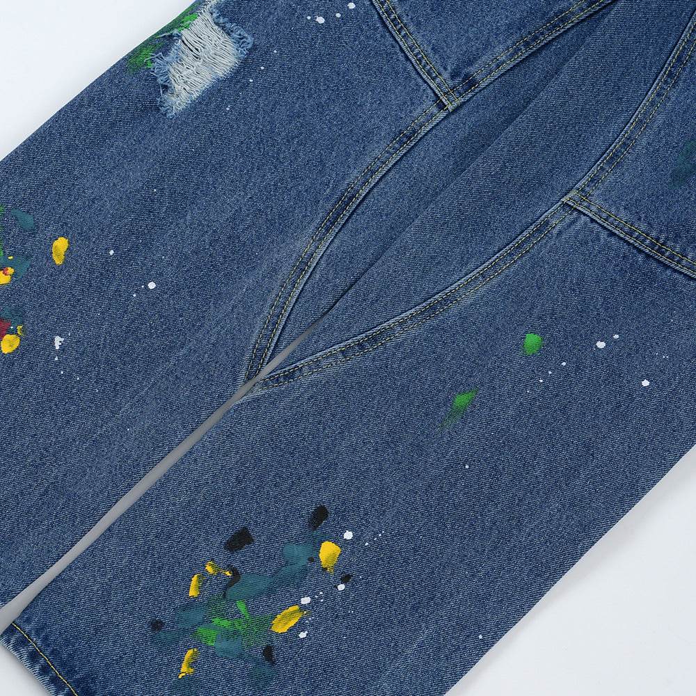 Ripped Paint Wide-leg Denim Trousers For Men Jeans