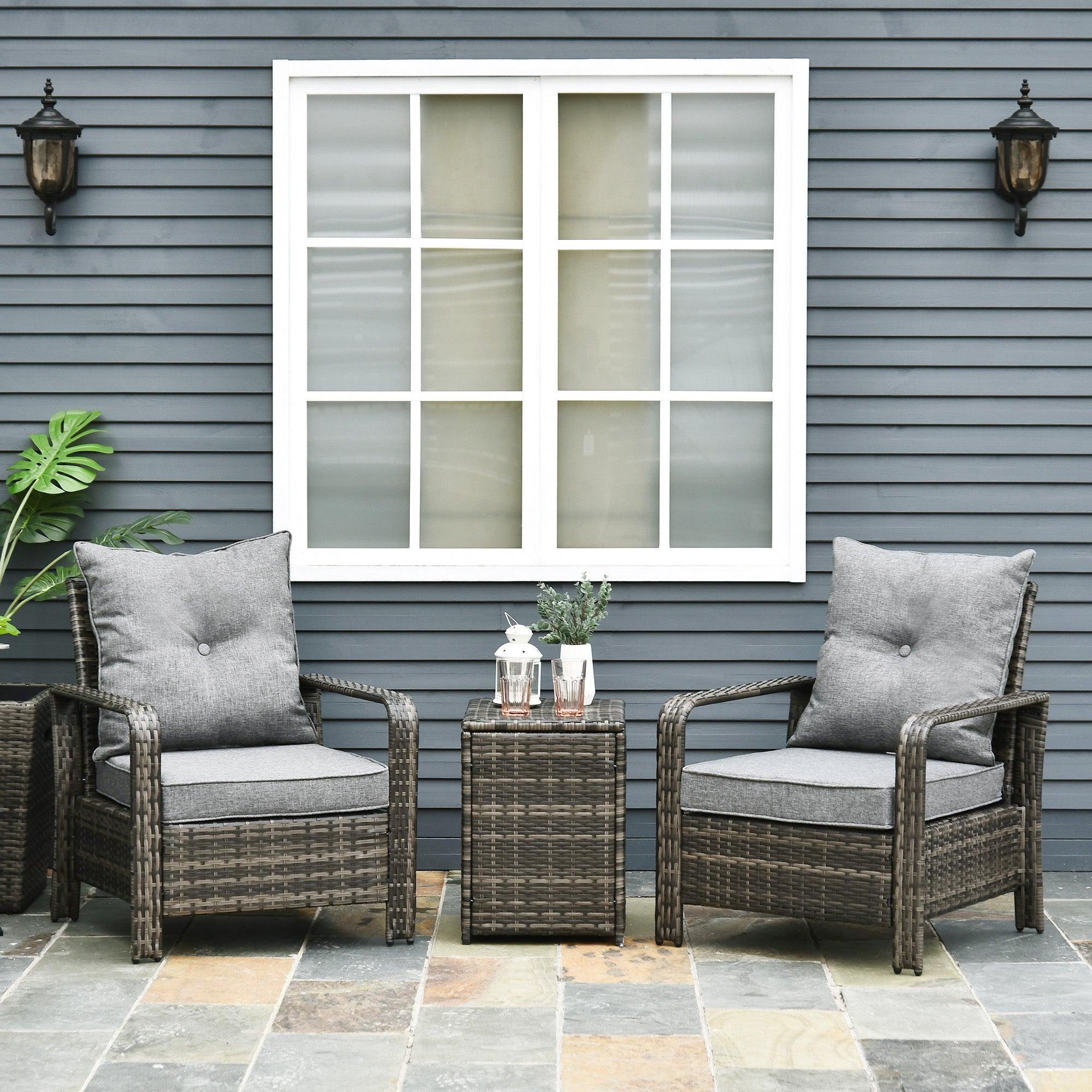 3 Piece Patio Furniture, PE Wicker Storage Table & Chairs, Gray