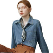Blue Soft Denim Shirt Jacket Women's Long Sleeve Bandage Denim Dress Top