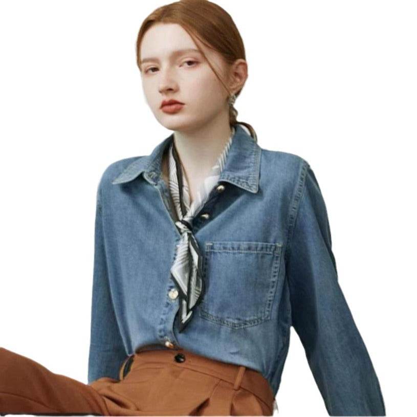 Blue Soft Denim Shirt Jacket Women's Long Sleeve Bandage Denim Dress Top