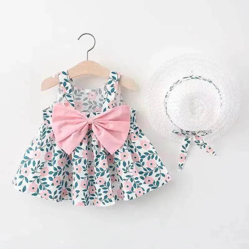 Baby Girl Floral Princess Dress with Matching Hat – Cotton Suspender Sundress for Toddlers