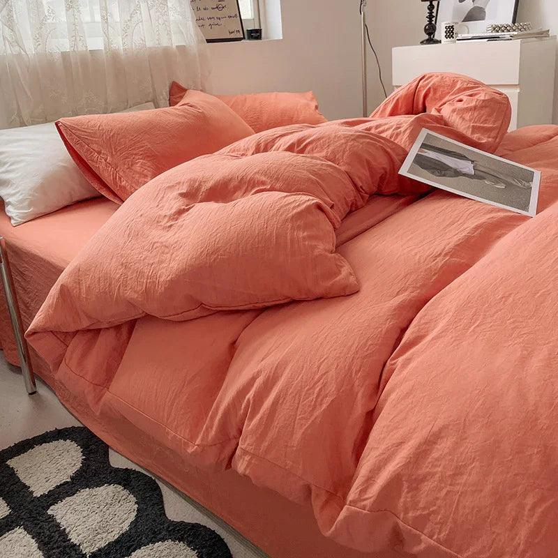 Solid Colour Sanding Washed Cotton 4-Piece Duvet Cover Bed Set