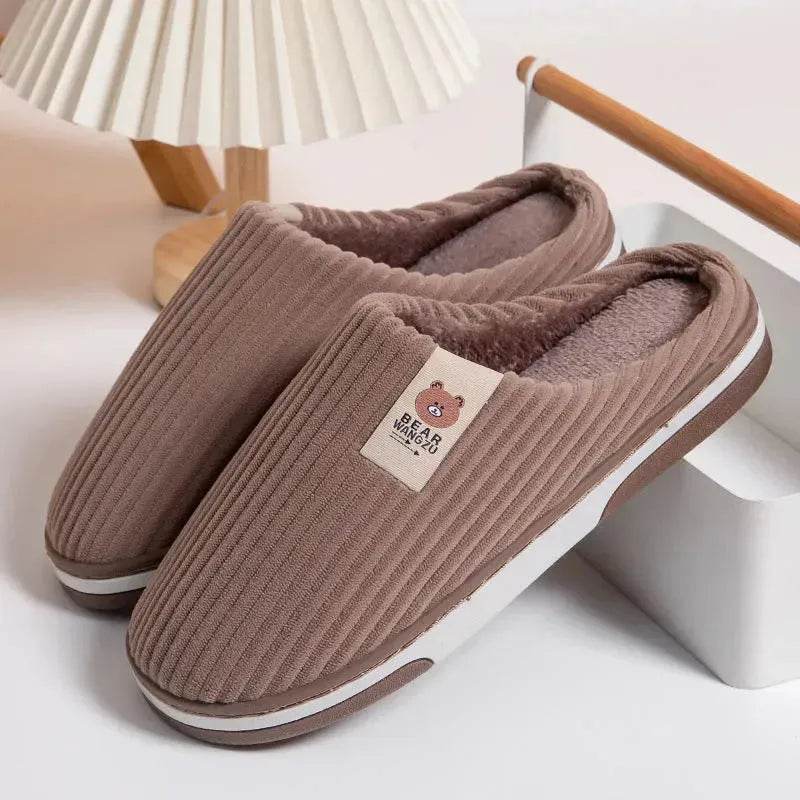 Solid Color Striped Slippers For Women Thick-soled Anti-slip Indoor Warm Plush Home Shoes Couple Women Men Slipper Winter