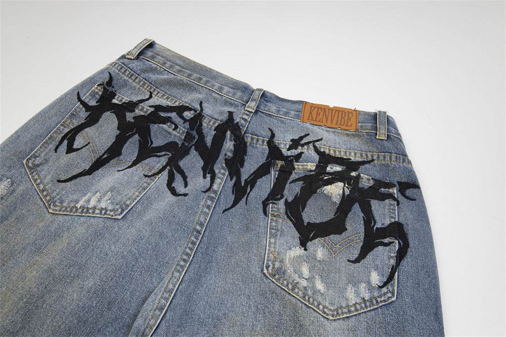 Punk Make Old Ripped Letter Denim Trousers Men Jeans