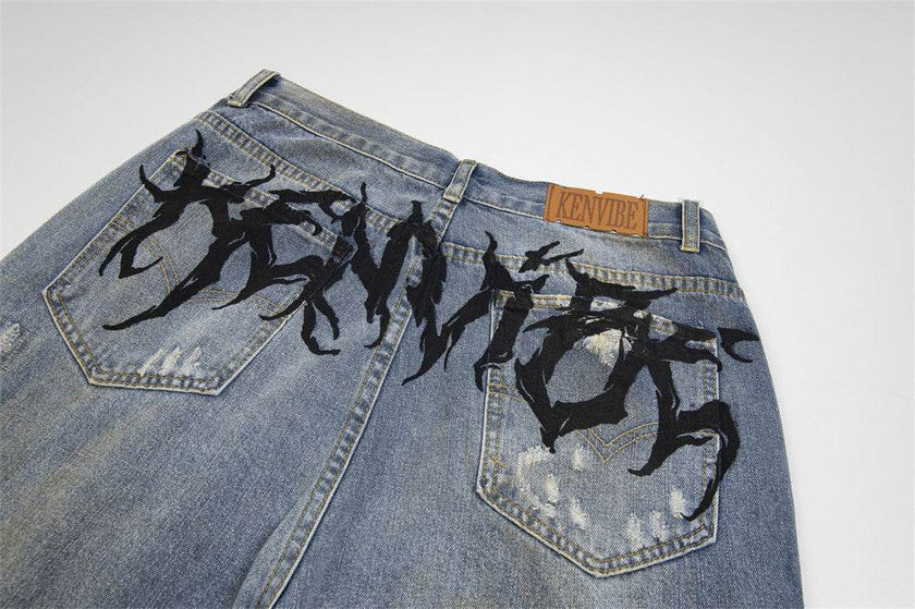 Punk Make Old Ripped Letter Denim Trousers Men Jeans