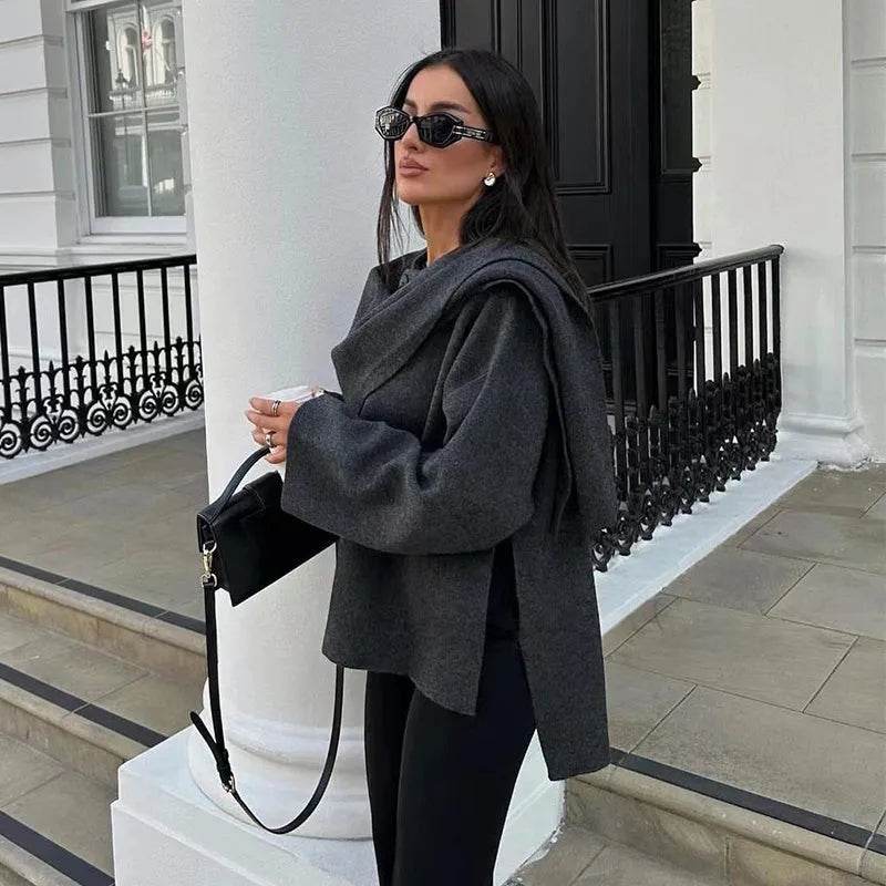 Women Solid Fashionable Cozy Scarf Winter Coat Jacket
