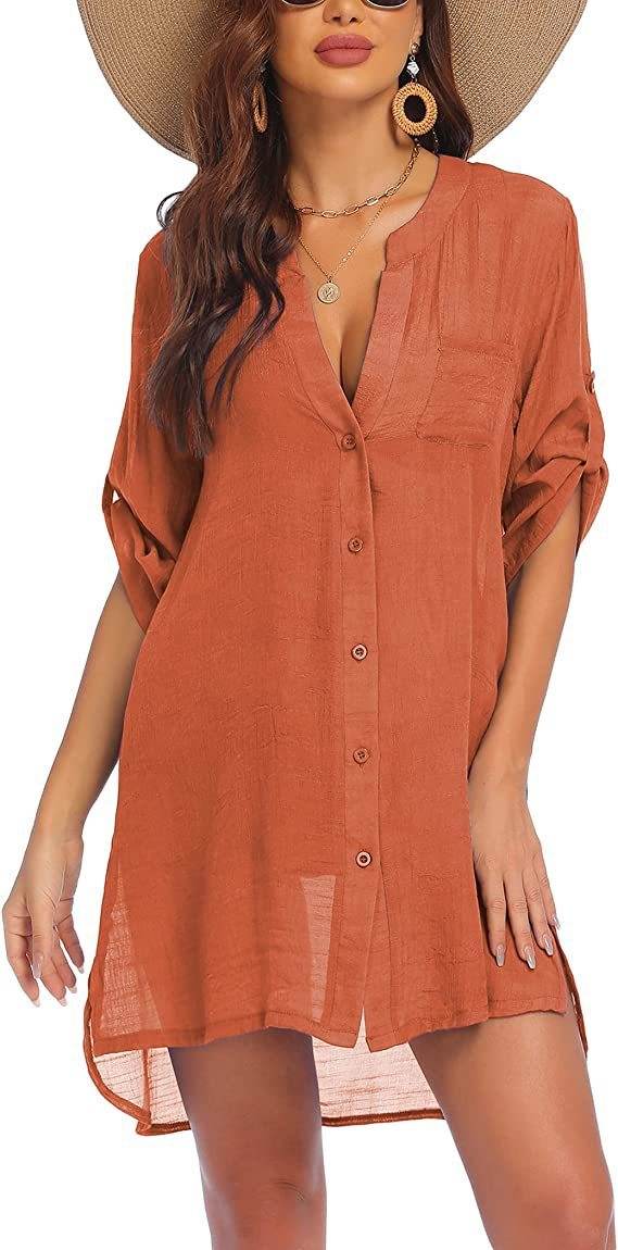 Women's Linen Beach Shirt Dress – Lightweight Sun Protection Cover-Up (S–3XL, 5 Colors)