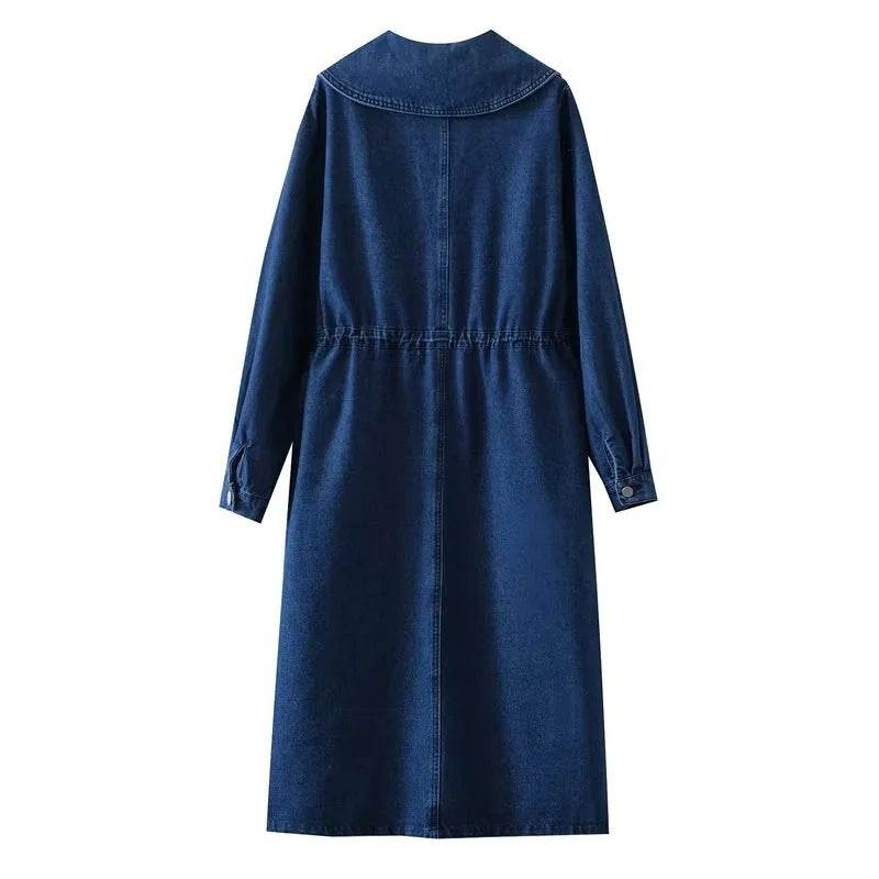 New Long Sleeve Button loose Denim Midi Dress Women