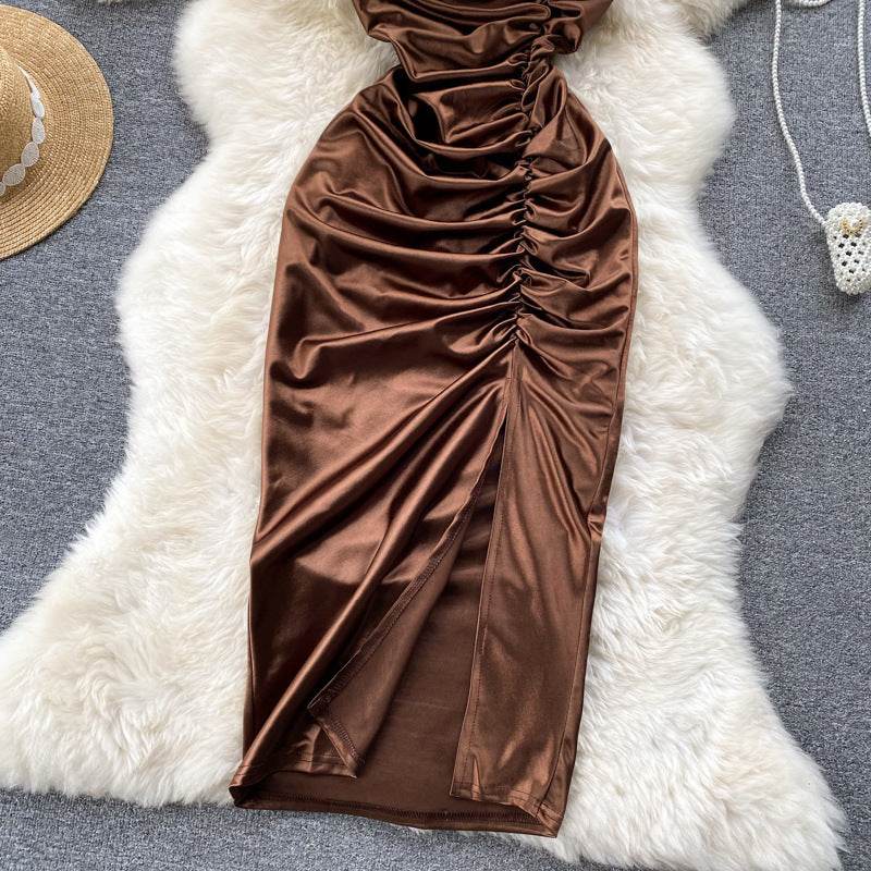 Elegant Women Sleeveless One shoulder Drawstring Satin Dress for Party, Wedding, Cocktail