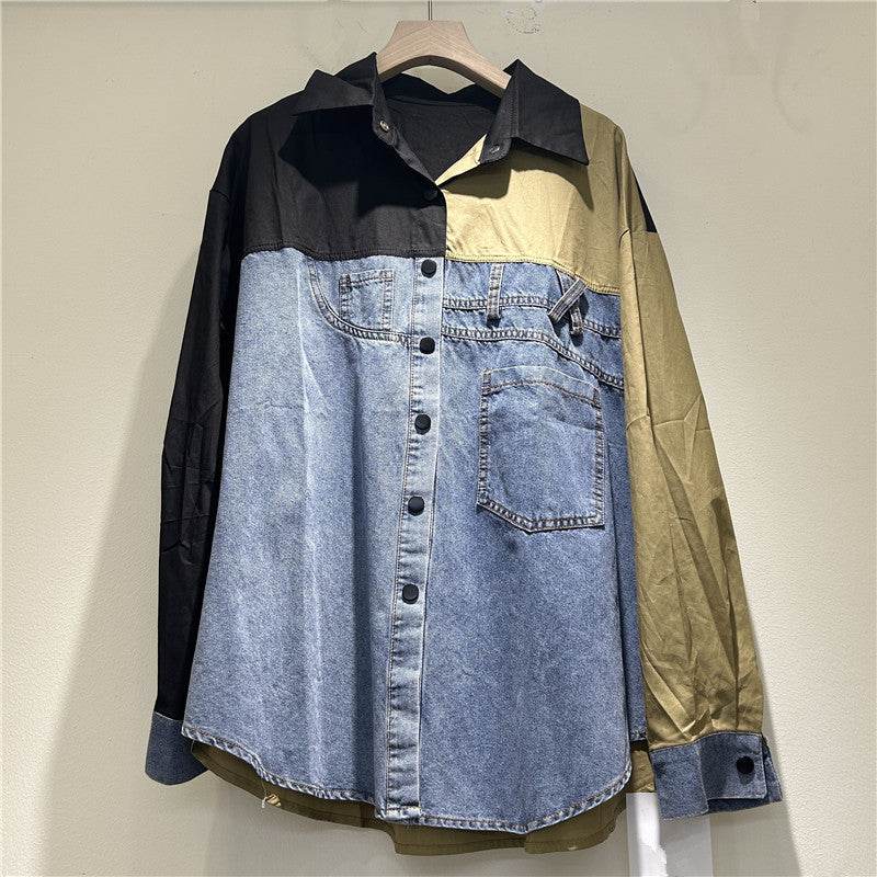 High-grade Contrast Color Patchwork Cotton Denim Long Sleeve Loose Shirt Women